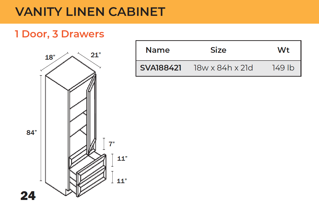 SVA188421 (18" Vanity Linen Cabinet, 84" Tall, 21" Deep)