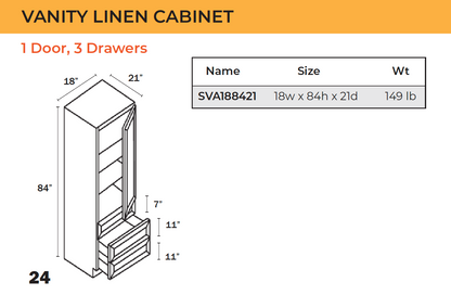 SVA188421 (18" Vanity Linen Cabinet, 84" Tall, 21" Deep)